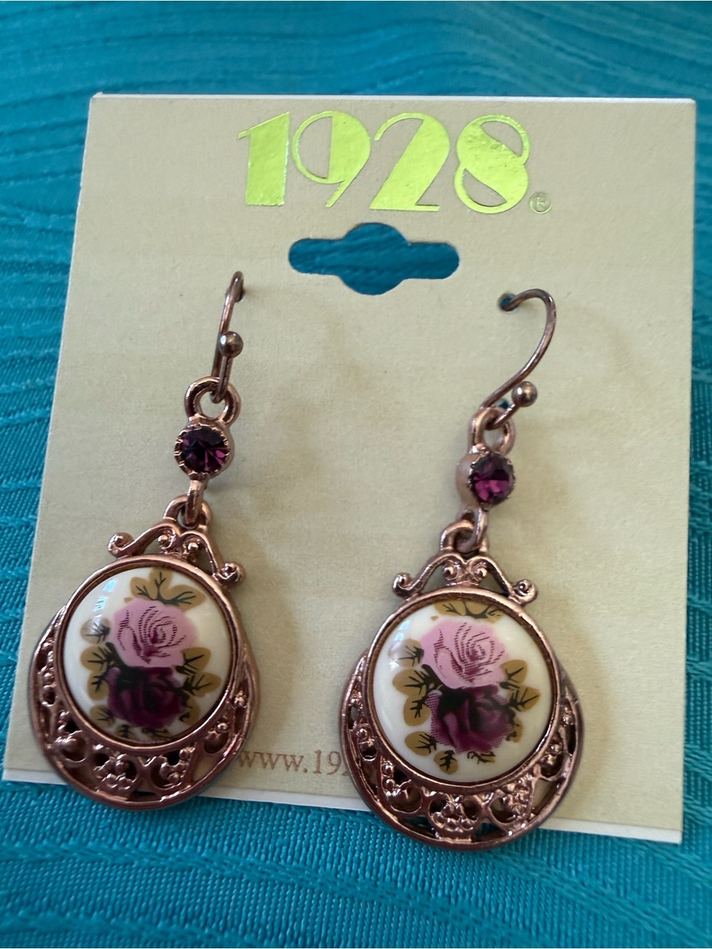 1928 Jewelry VTGE Style Porcelain Floral Rose Drop Earrings Crystal Accents New